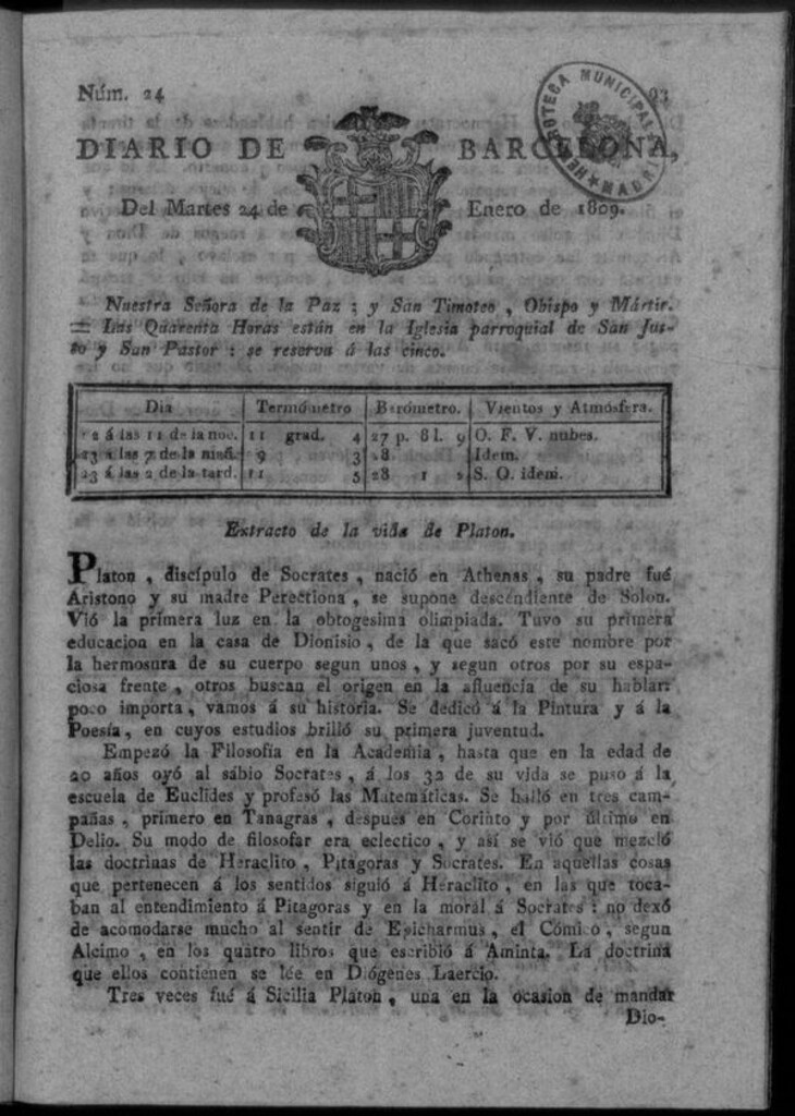 Miniatura de Diario de Barcelona del martes 24 de enero de 1809