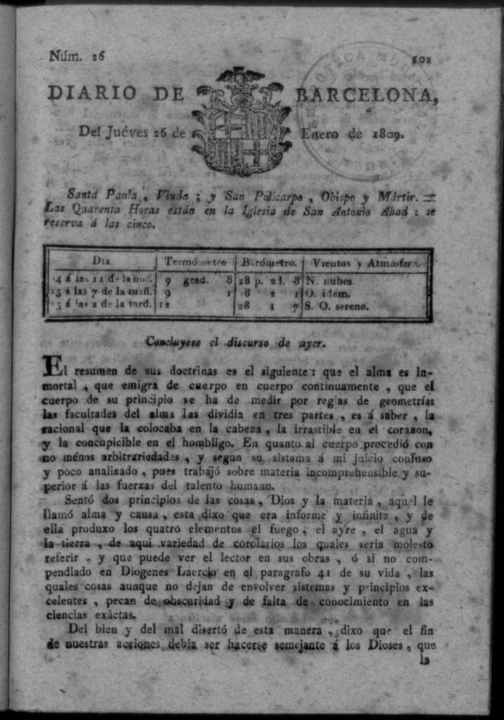 Miniatura de Diario de Barcelona del jueves 26 de enero de 1809