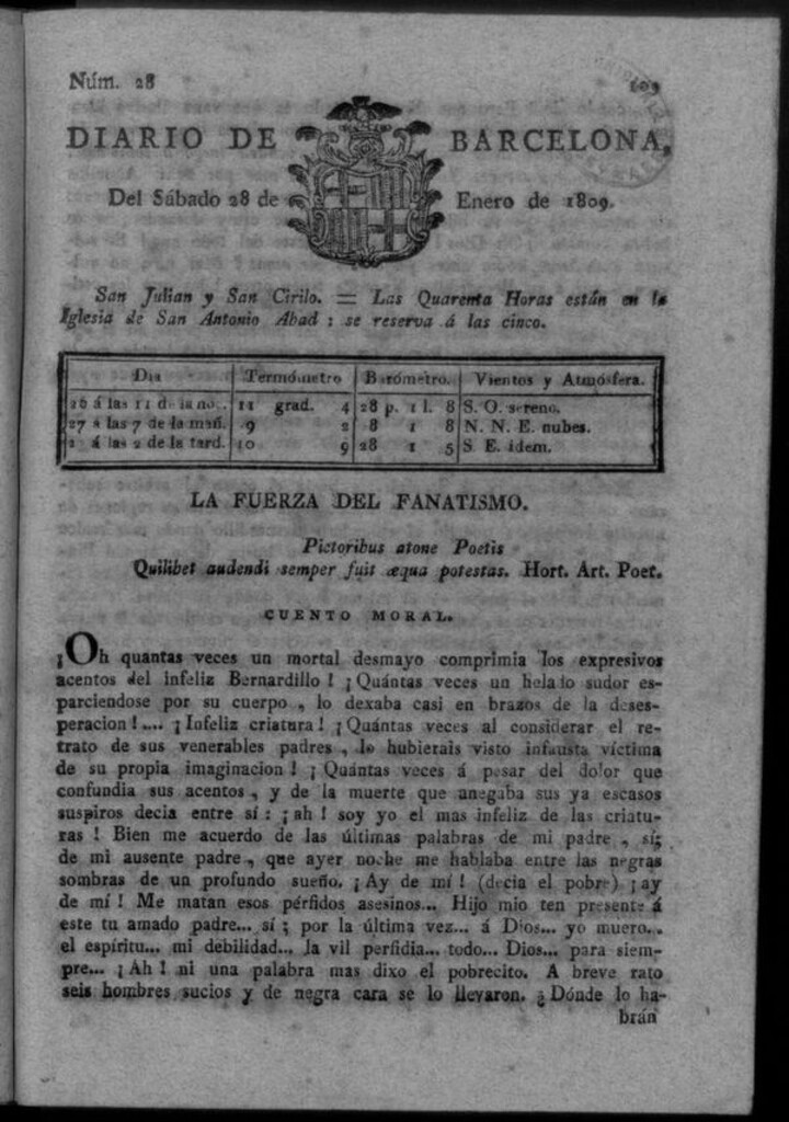 Miniatura de Diario de Barcelona del sábado 28 de enero de 1809