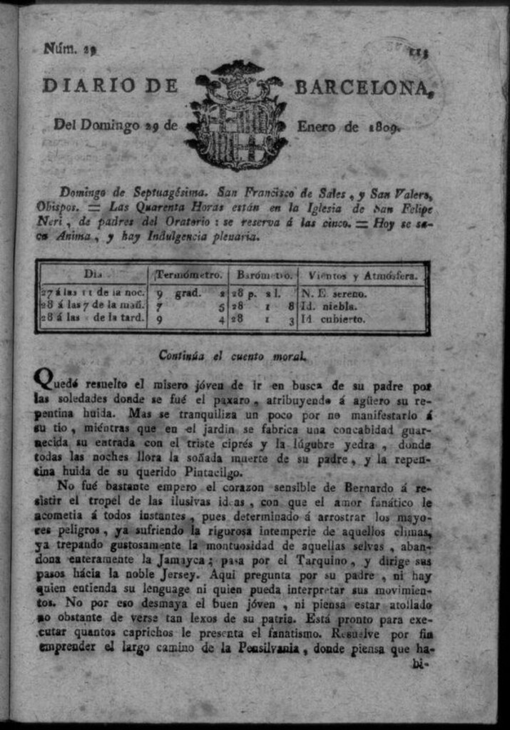Miniatura de Diario de Barcelona del domingo 29 de enero de 1809