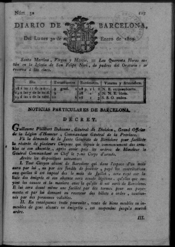 Miniatura de Diario de Barcelona del lunes 30 de enero de 1809