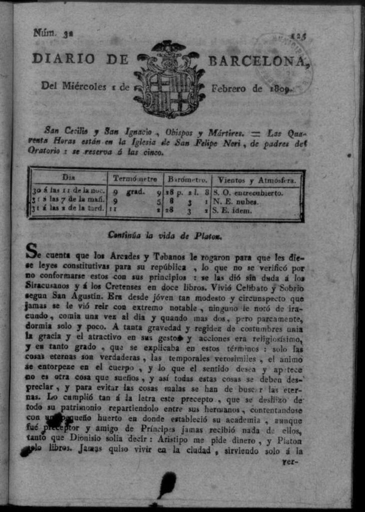 Miniatura de Diario de Barcelona del miércoles 1 de febrero de 1809
