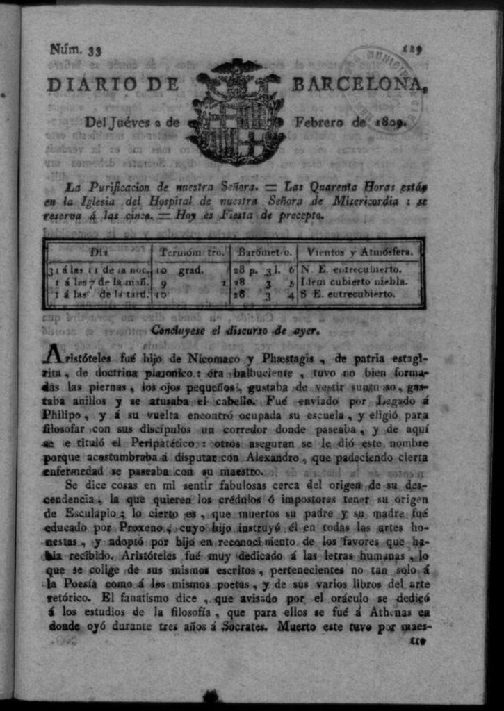 Miniatura de Diario de Barcelona del jueves 2 de febrero de 1809