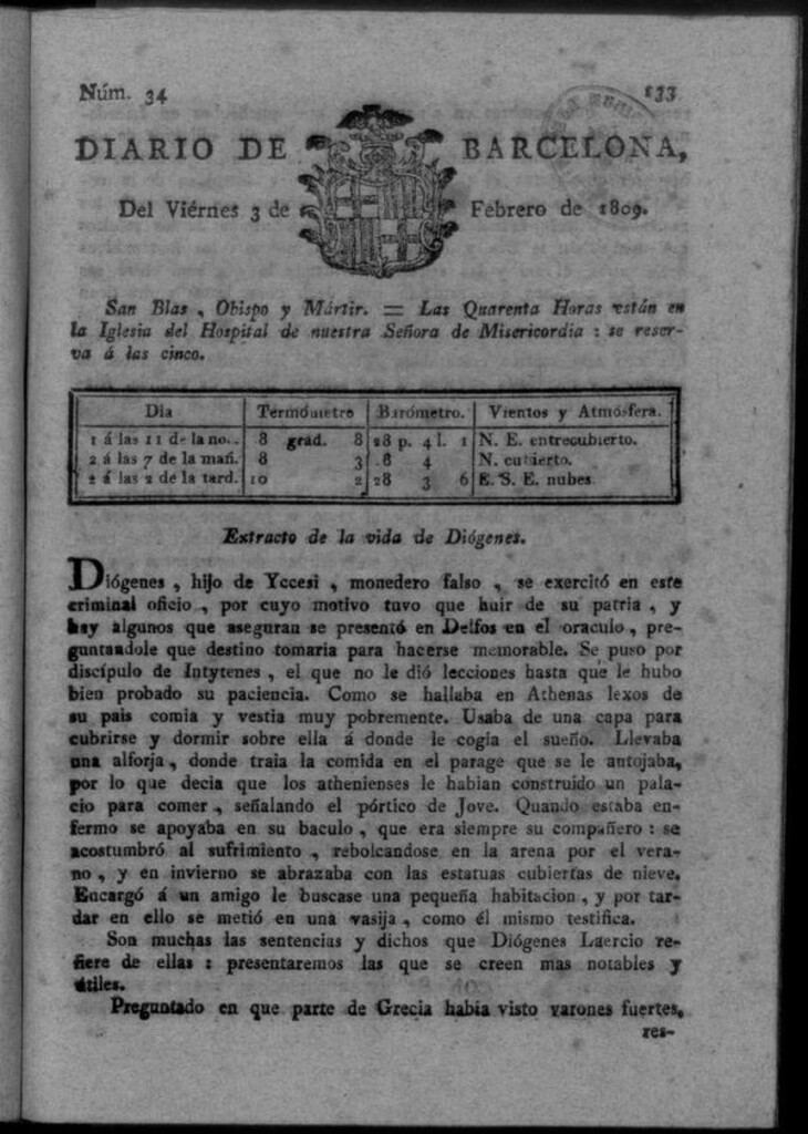 Miniatura de Diario de Barcelona del viernes 3 de febrero de 1809