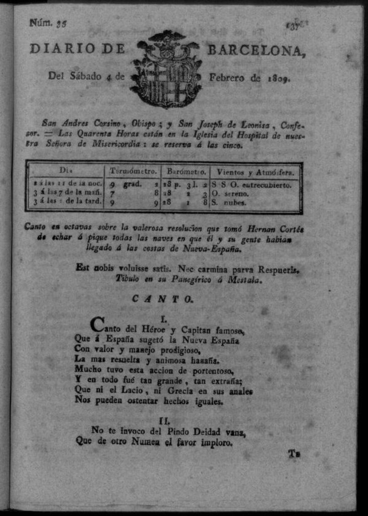Miniatura de Diario de Barcelona del sábado 4 de febrero de 1809