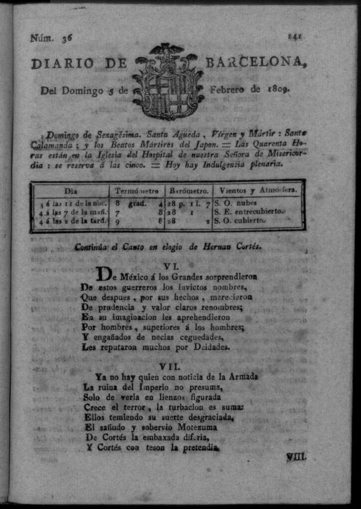 Miniatura de Diario de Barcelona del domingo 5 de febrero de 1809