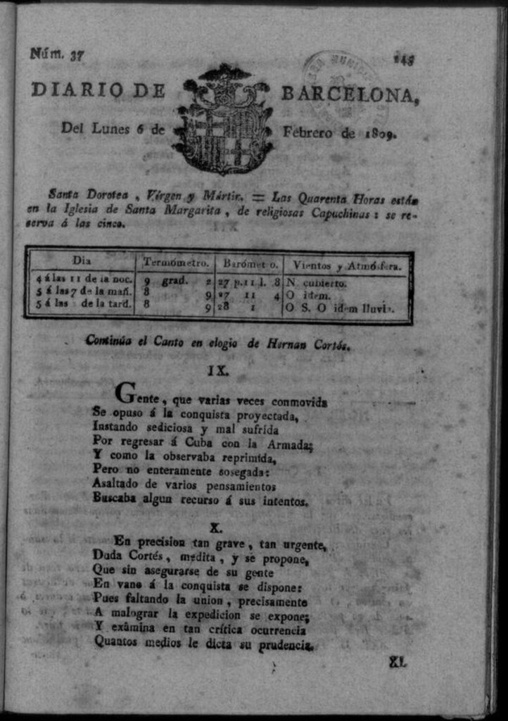 Miniatura de Diario de Barcelona del lunes 6 de febrero de 1809