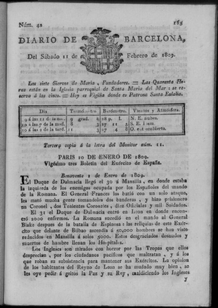 Miniatura de Diario de Barcelona del sábado 11 de febrero de 1809