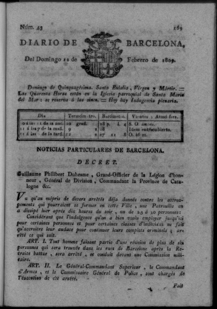 Miniatura de Diario de Barcelona del domingo 12 de febrero de 1809
