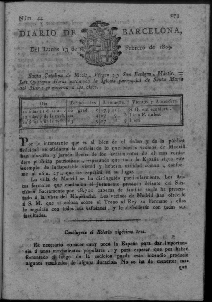 Miniatura de Diario de Barcelona del lunes 13 de febrero de 1809