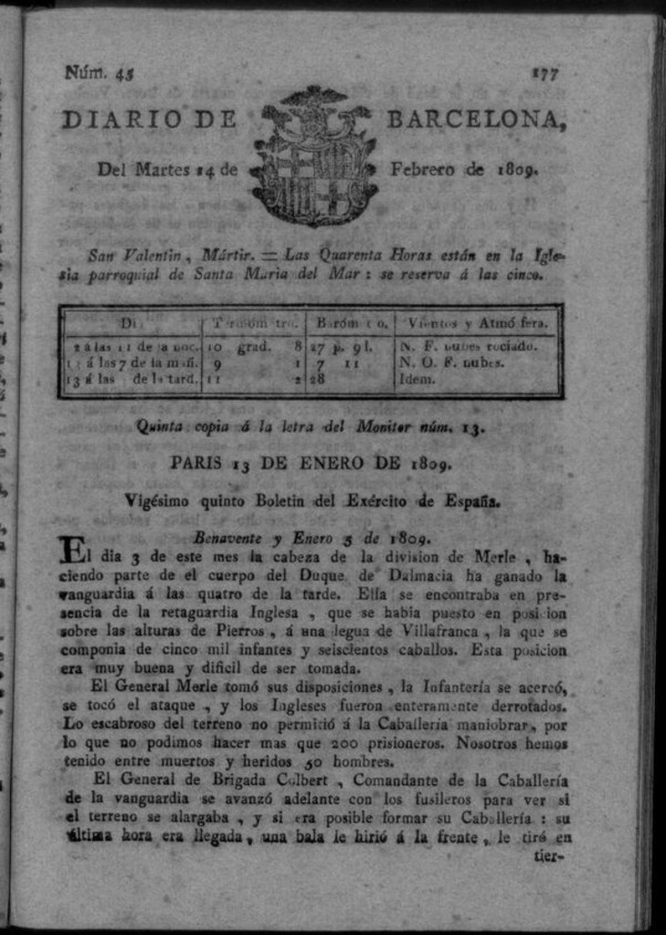 Miniatura de Diario de Barcelona del martes 14 de febrero de 1809