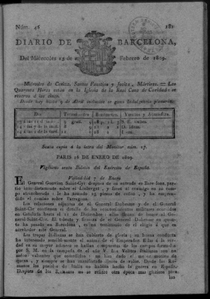 Miniatura de Diario de Barcelona del miércoles 15 de febrero de 1809