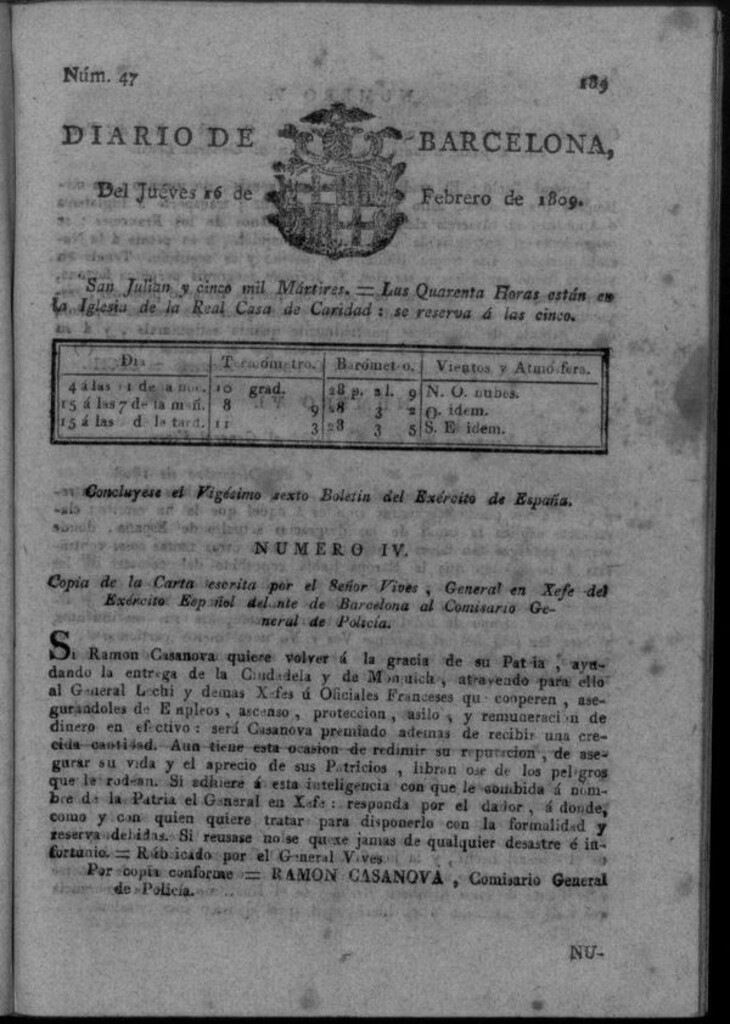 Miniatura de Diario de Barcelona del jueves 16 de febrero de 1809