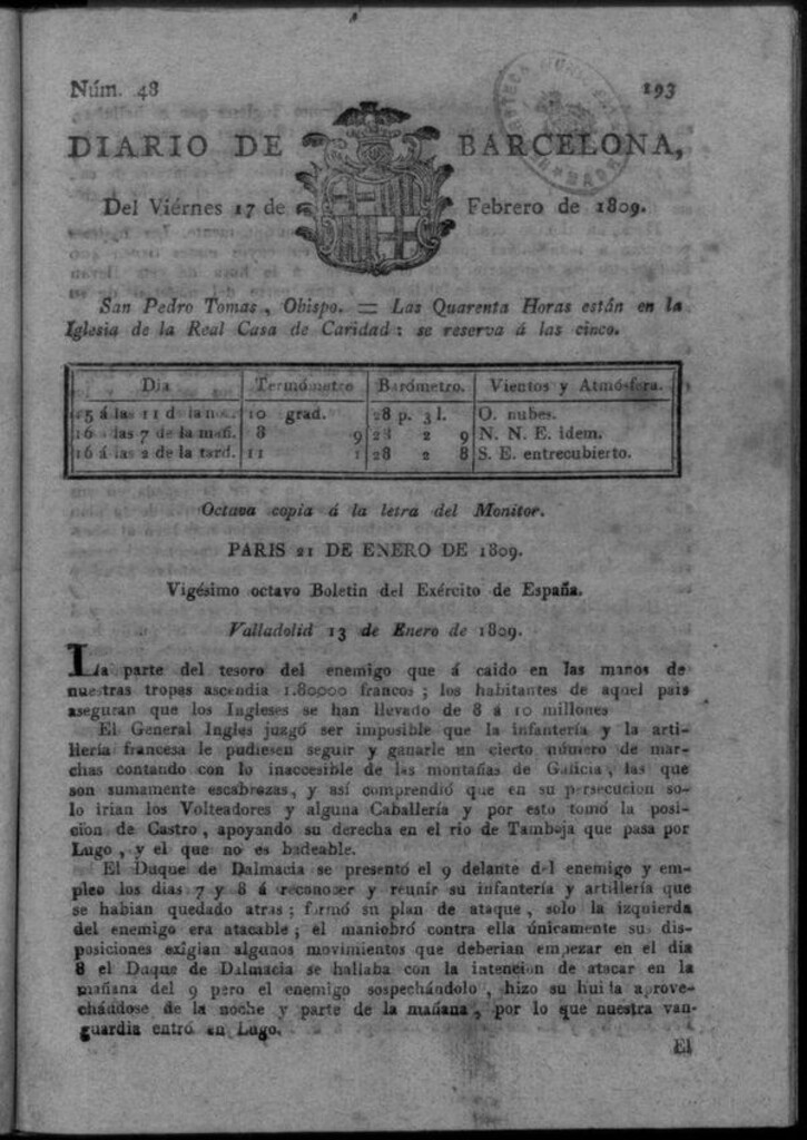 Miniatura de Diario de Barcelona del viernes 17 de febrero de 1809