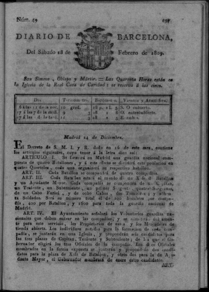 Miniatura de Diario de Barcelona del sábado 18 de febrero de 1809