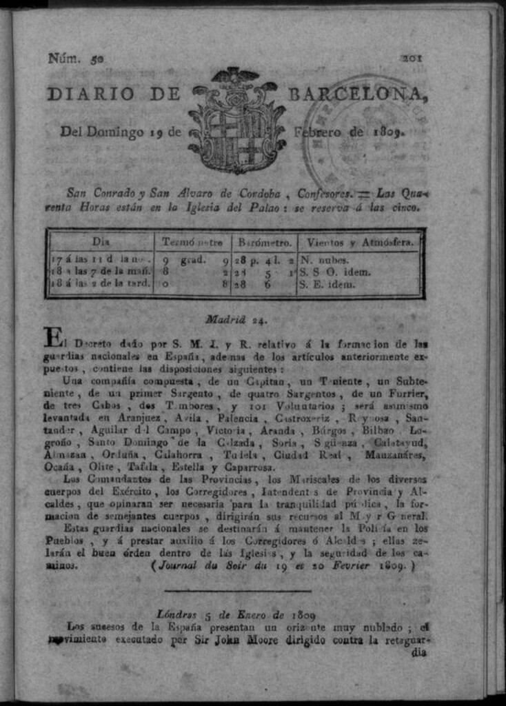 Miniatura de Diario de Barcelona del domingo 19 de febrero de 1809