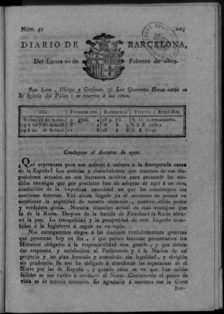 Miniatura de Diario de Barcelona del lunes 20 de febrero de 1809