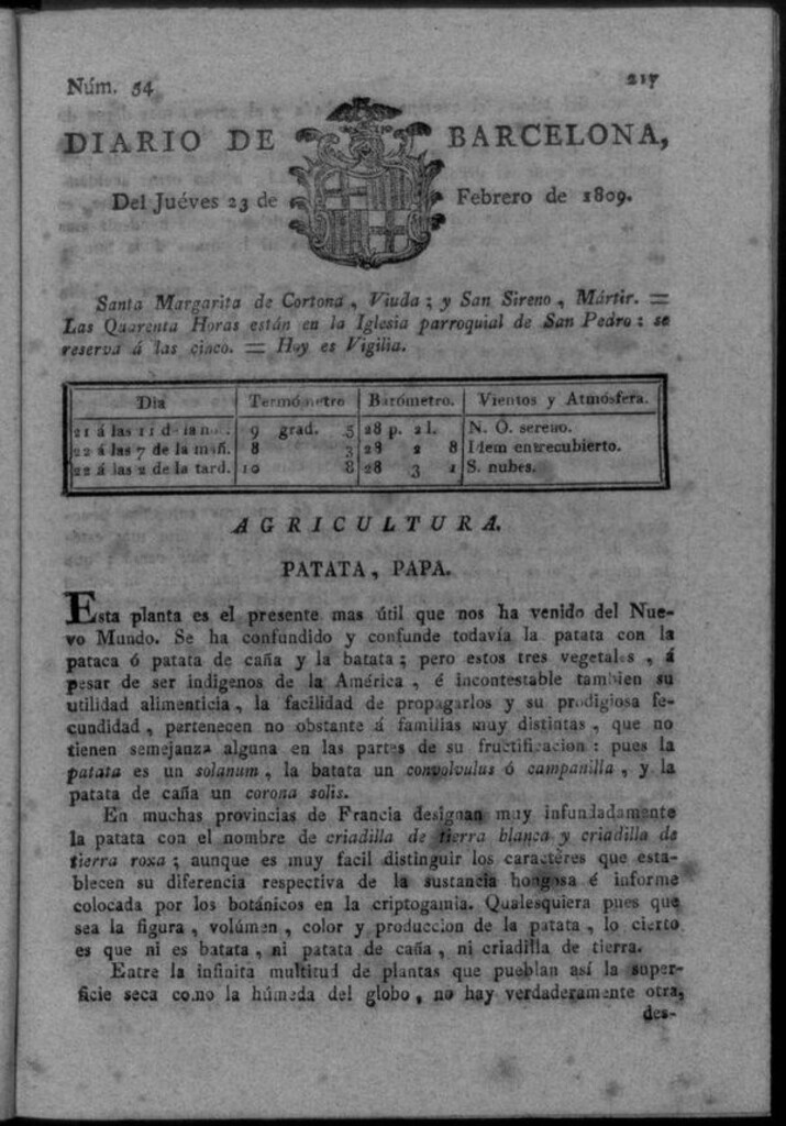 Miniatura de Diario de Barcelona del jueves 23 de febrero de 1809