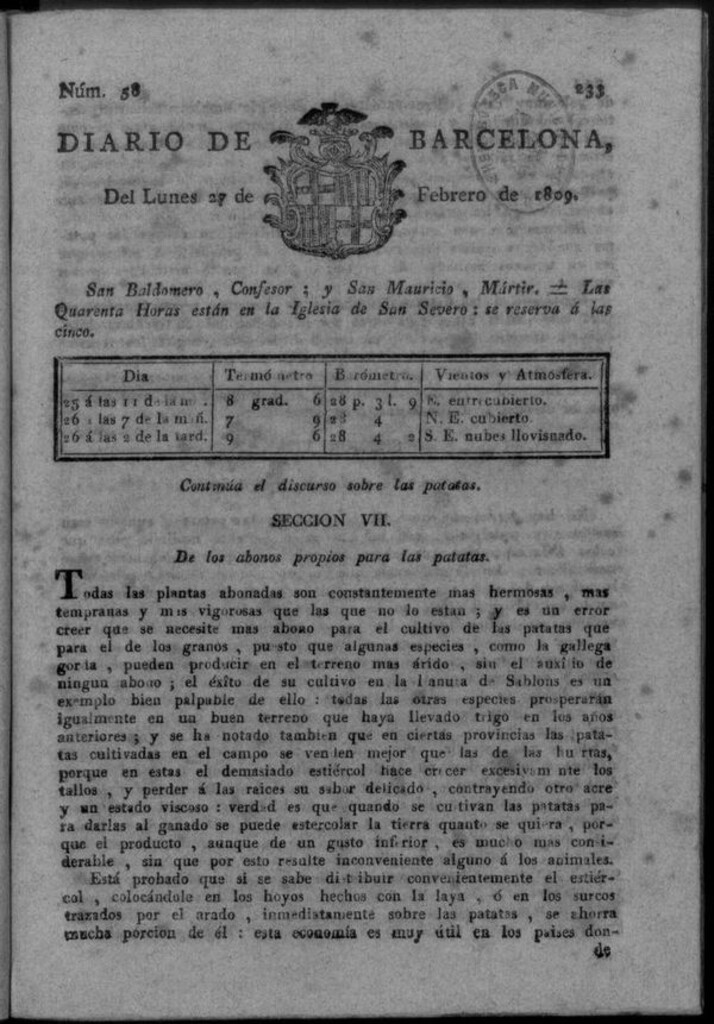 Miniatura de Diario de Barcelona del lunes 27 de febrero de 1809