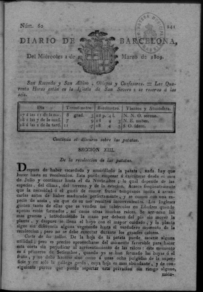 Miniatura de Diario de Barcelona del miercoles 1 de marzo de 1809