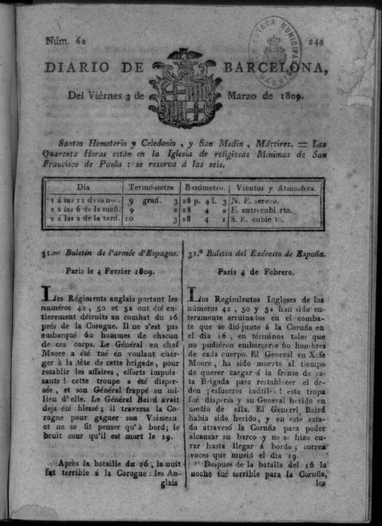 Miniatura de Diario de Barcelona del viernes 3 de marzo de 1809