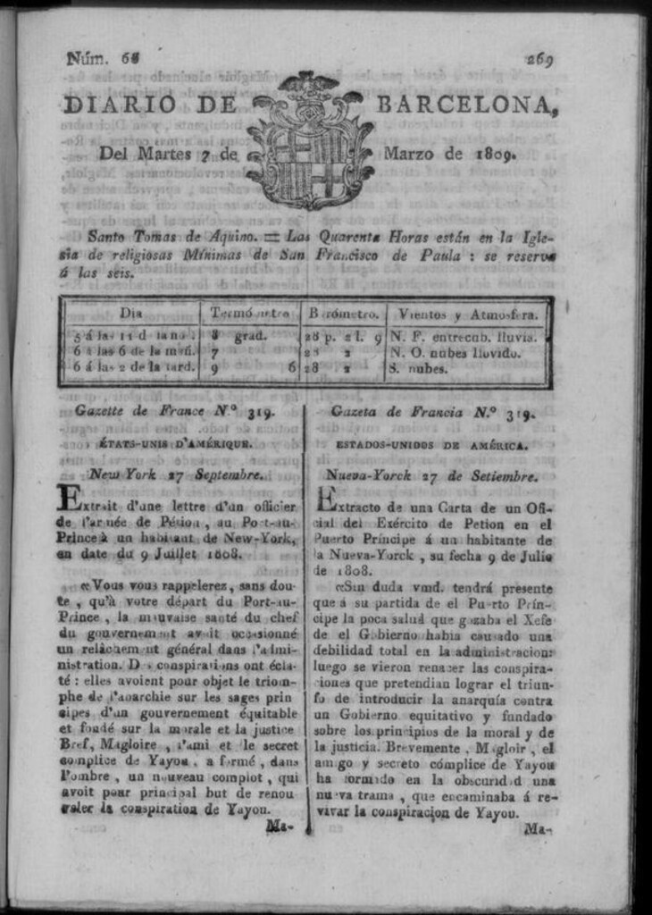 Miniatura de Diario de Barcelona del martes 7 de marzo de 1809