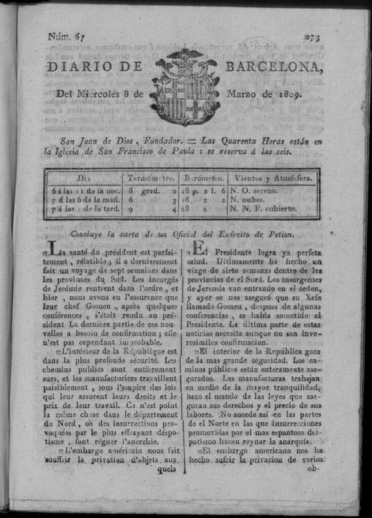 Miniatura de Diario de Barcelona del miércoles 8 de marzo de 1809