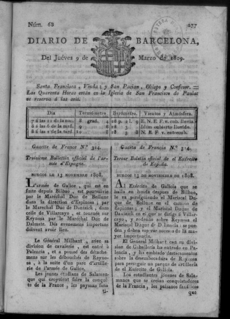Miniatura de Diario de Barcelona del jueves 9 de marzo de 1809