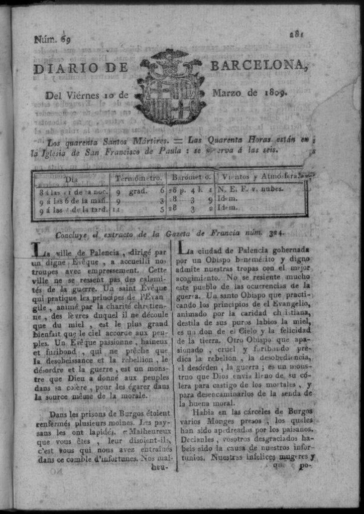 Miniatura de Diario de Barcelona del viernes 10 de marzo de 1809