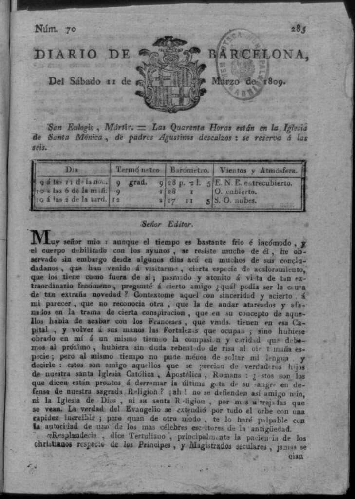 Miniatura de Diario de Barcelona del sábado 11 de marzo de 1809