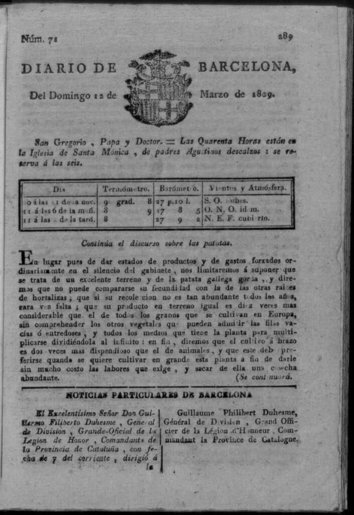 Miniatura de Diario de Barcelona del domingo 12 de marzo de 1809