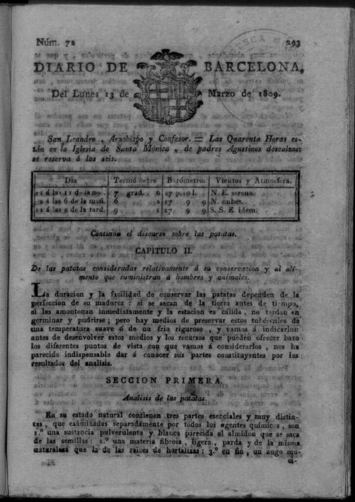 Miniatura de Diario de Barcelona del lunes 13 de marzo de 1809