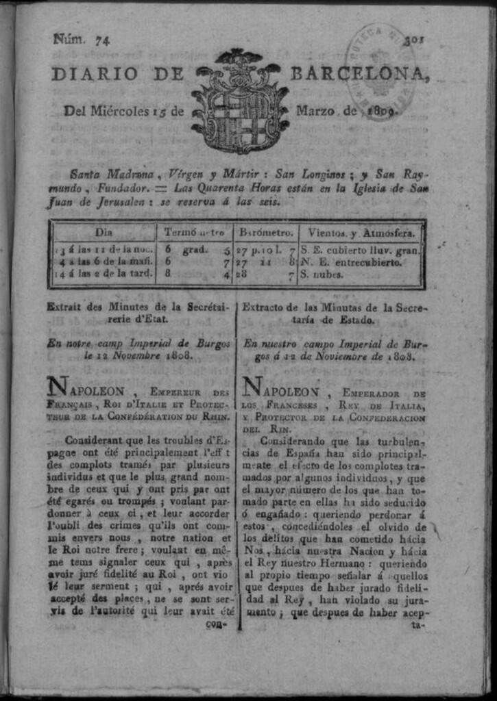 Miniatura de Diario de Barcelona del miércoles 15 de marzo de 1809