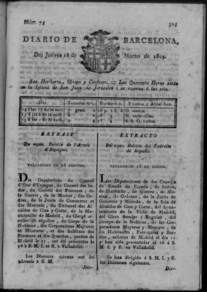 Miniatura de Diario de Barcelona del jueves 16 de marzo de 1809