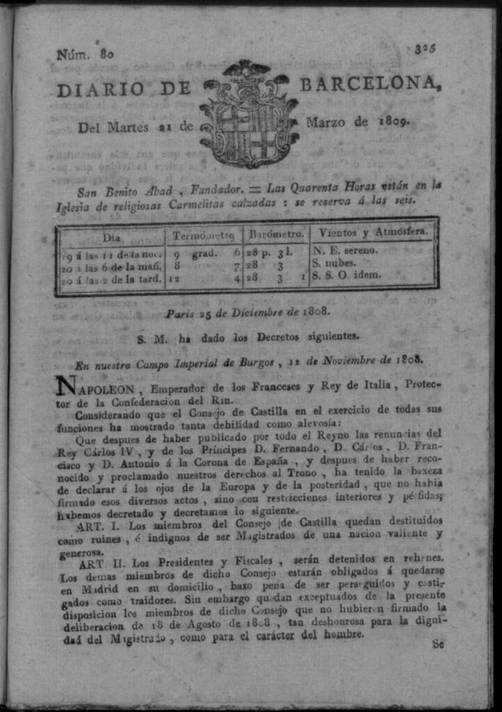 Miniatura de Diario de Barcelona del martes 21 de marzo de 1809