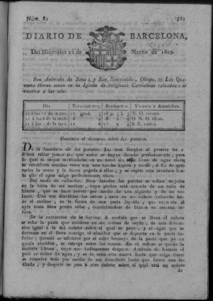 Miniatura de Diario de Barcelona del miércoles 22 de marzo de 1809