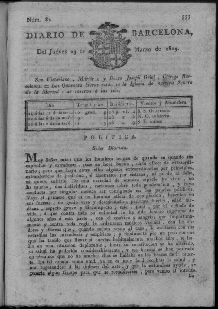 Miniatura de Diario de Barcelona del jueves 23 de marzo de 1809