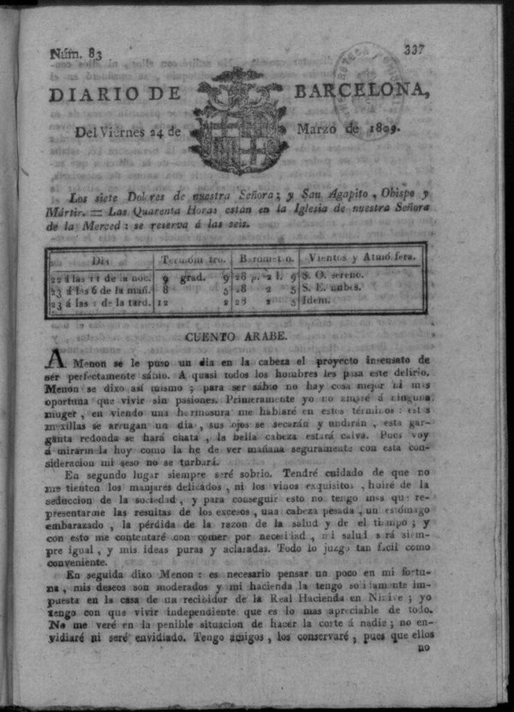 Miniatura de Diario de Barcelona del viernes 24 de marzo de 1809