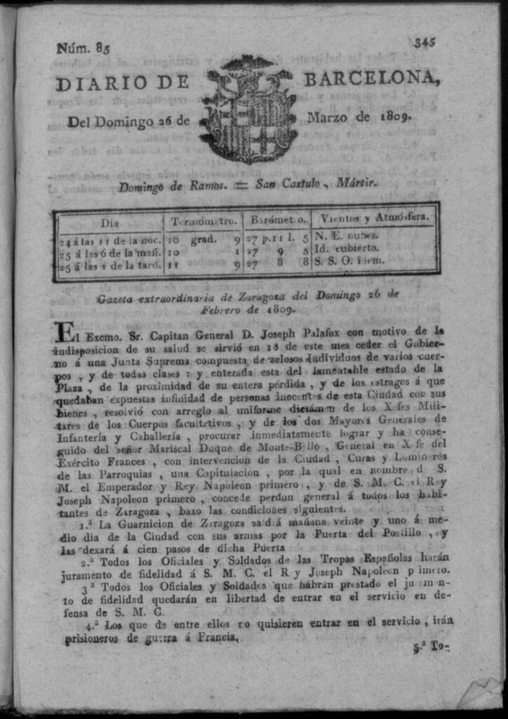 Miniatura de Diario de Barcelona del domingo 26 de marzo de 1809