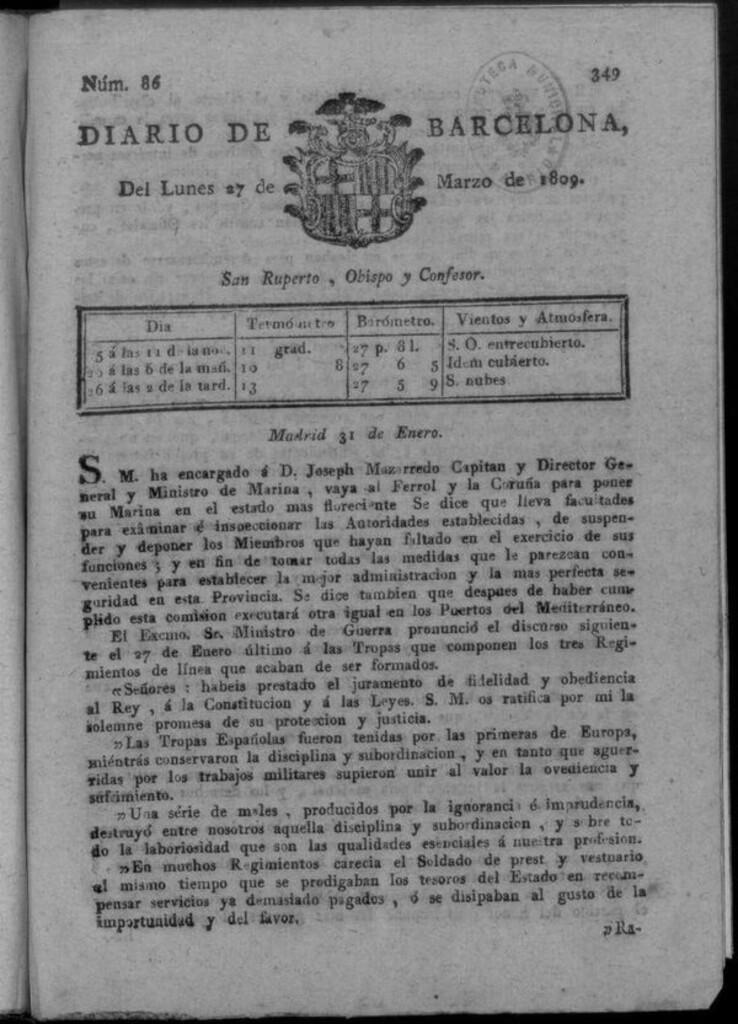 Miniatura de Diario de Barcelona del lunes 27 de marzo de 1809