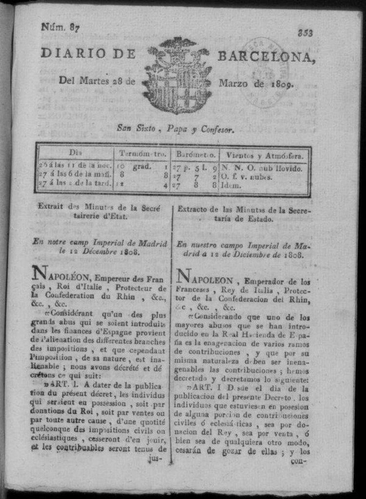 Miniatura de Diario de Barcelona del martes 28 de marzo de 1809