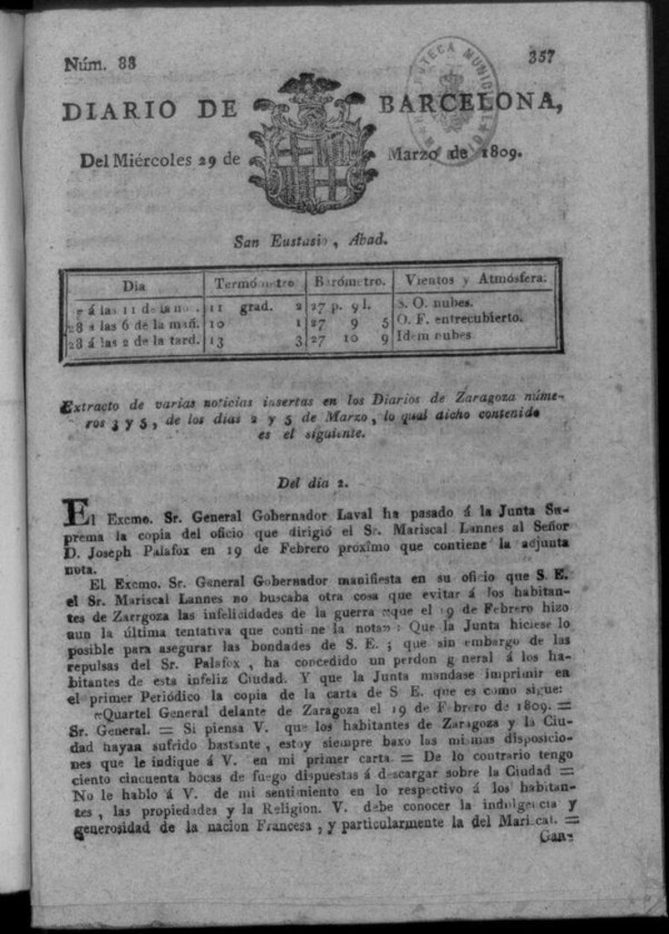 Miniatura de Diario de Barcelona del miércoles 29 de marzo de 1809