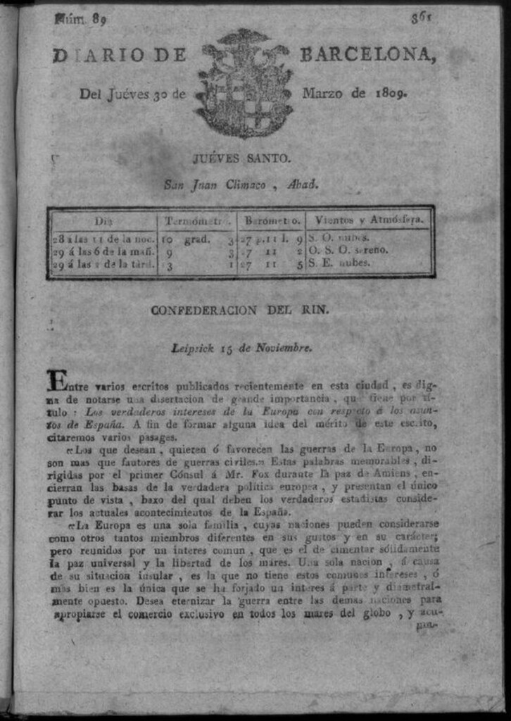 Miniatura de Diario de Barcelona del jueves 30 de marzo de 1809