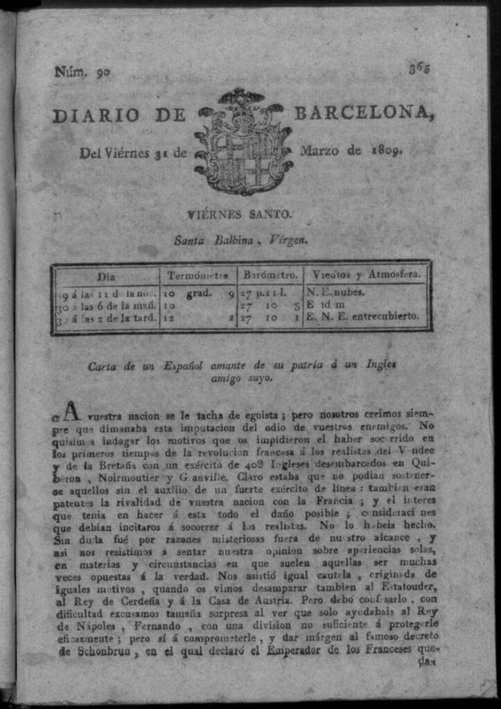 Miniatura de Diario de Barcelona del viernes 31 de marzo de 1809