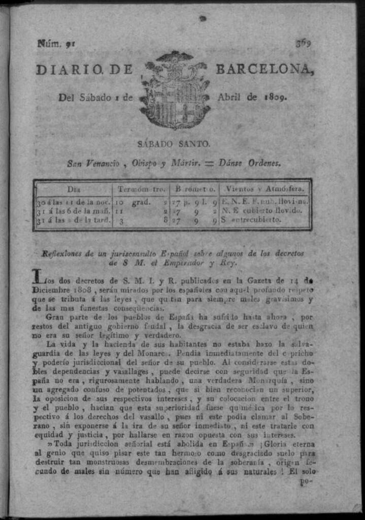Miniatura de Diario de Barcelona del sábado 1 de abril de 1809