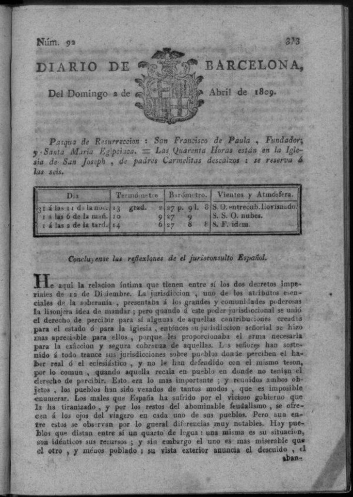 Miniatura de Diario de Barcelona del domingo 2 de abril de 1809