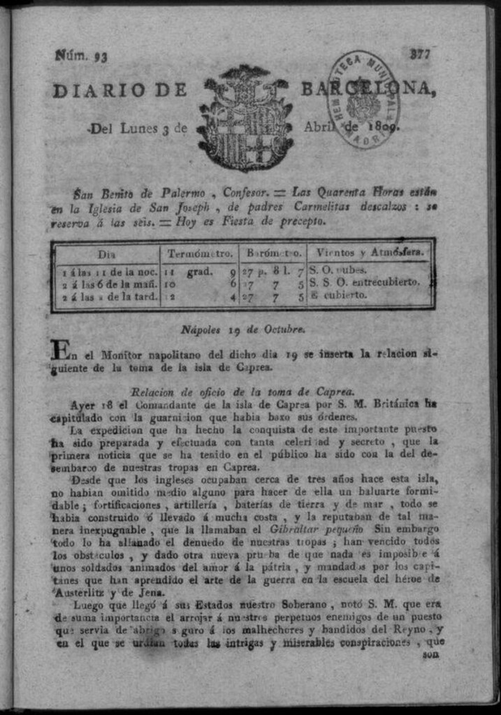 Miniatura de Diario de Barcelona del lunes 3 de abril de 1809