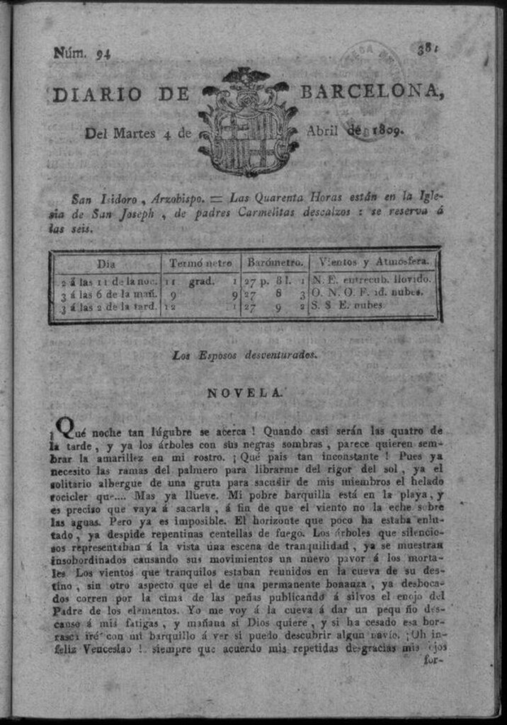 Miniatura de Diario de Barcelona del martes 4 de abril de 1809