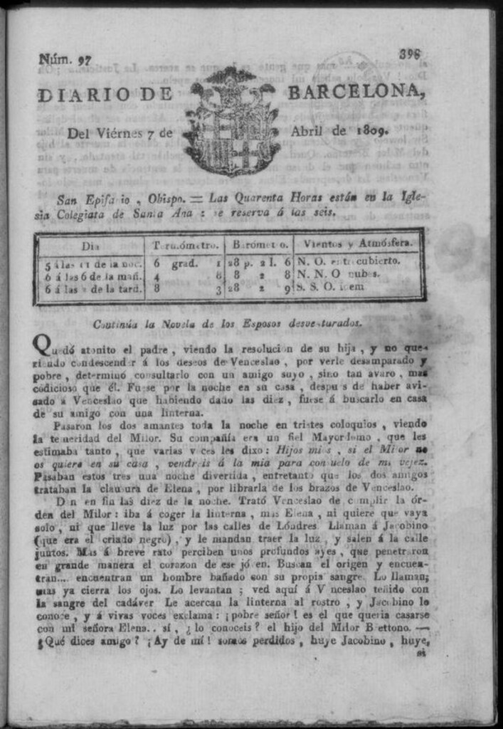 Miniatura de Diario de Barcelona del viernes 7 de abril de 1809