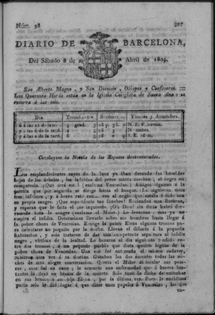 Miniatura de Diario de Barcelona del sábado 8 de abril de 1809